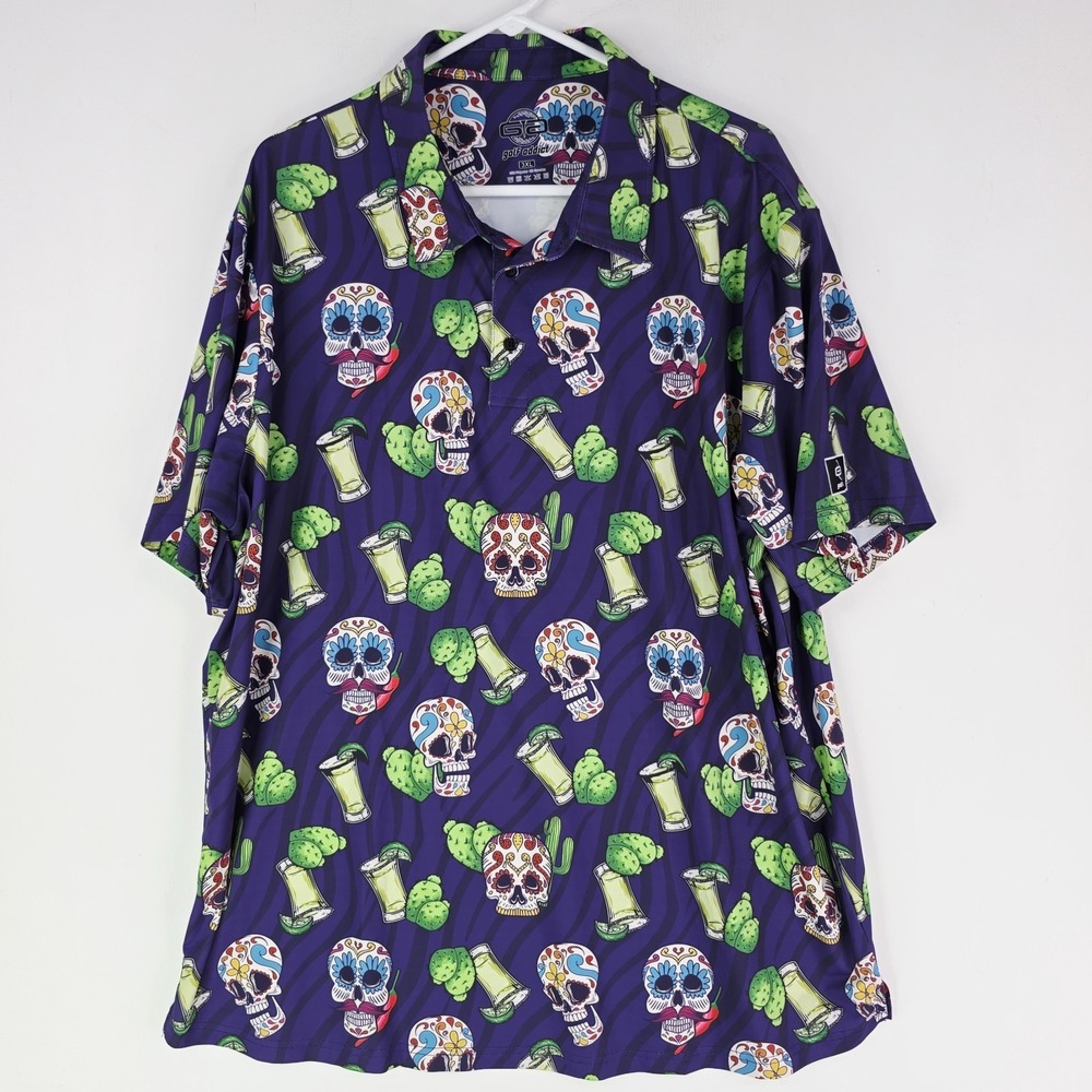 Golf Addict Sugar Skull Day‎ of Dead AOP Golf Polo Shirt Purple 3XL Stretch